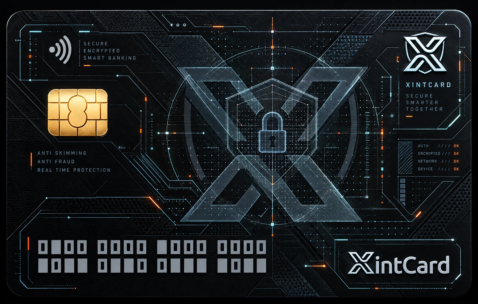 XintCard smart debit card: black card with a gold chip, contactless symbol, an X emblem with a shield and padlock, a masked card number and status readouts for auth, encryption, network and device